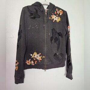 Da-Nang floral and fish embroidered full zip hoodie in grey